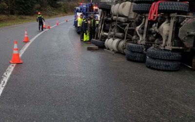Semi-Truck Tow Service Uprights a Flipped Dump Truckon I-405